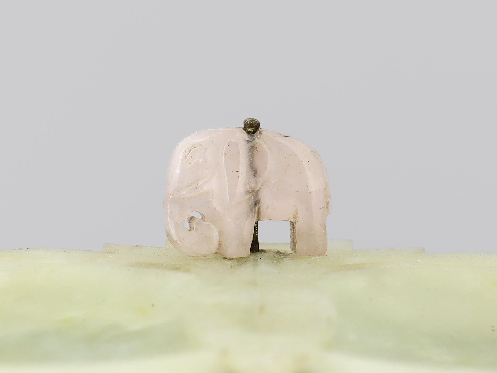 Vintage Chinese Green & Rose Quartz Carved Plum Dish or Vide Poche with Elephant For Sale 3