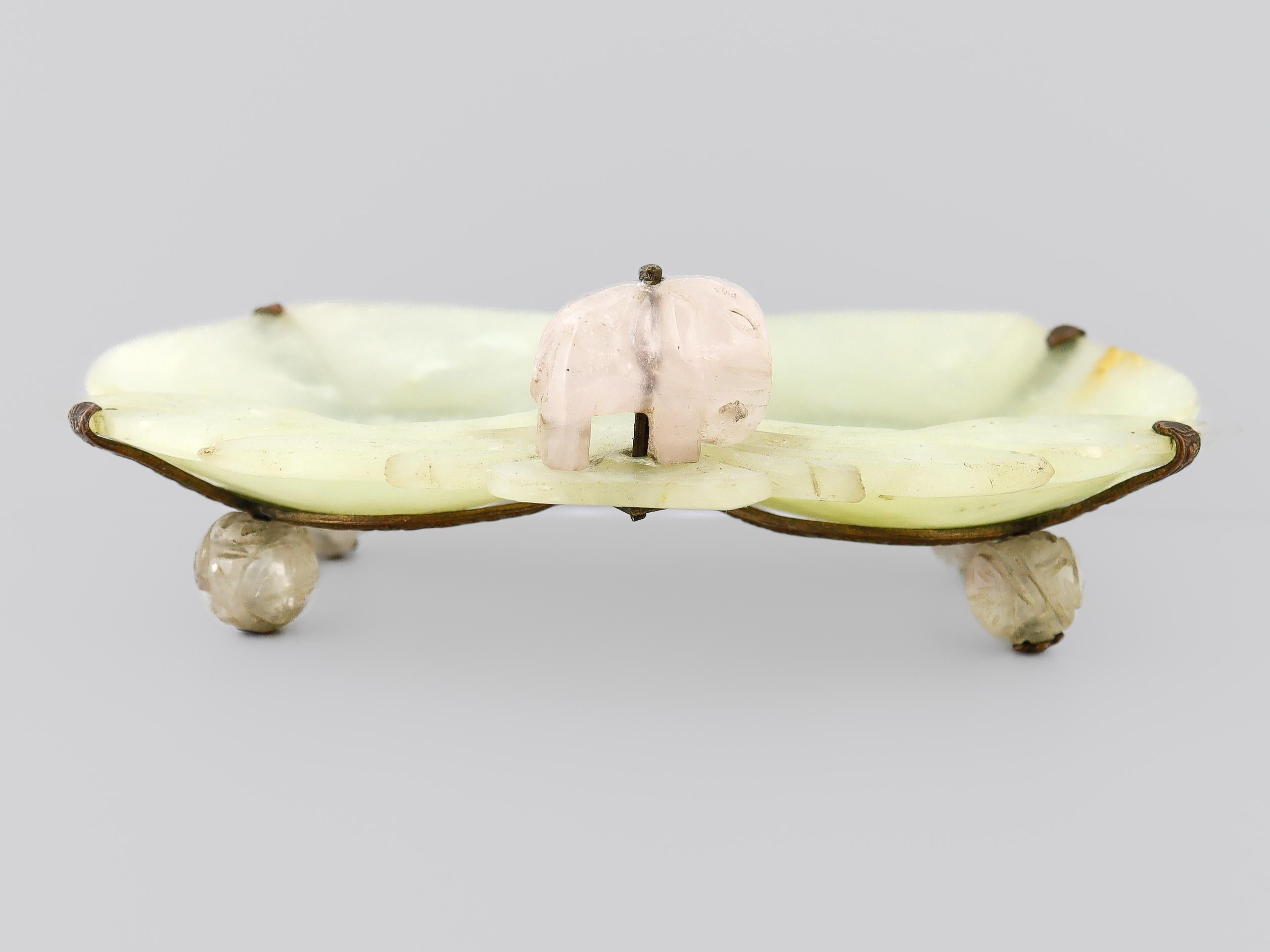 Vintage Chinese Green & Rose Quartz Carved Plum Dish or Vide Poche with Elephant For Sale 5