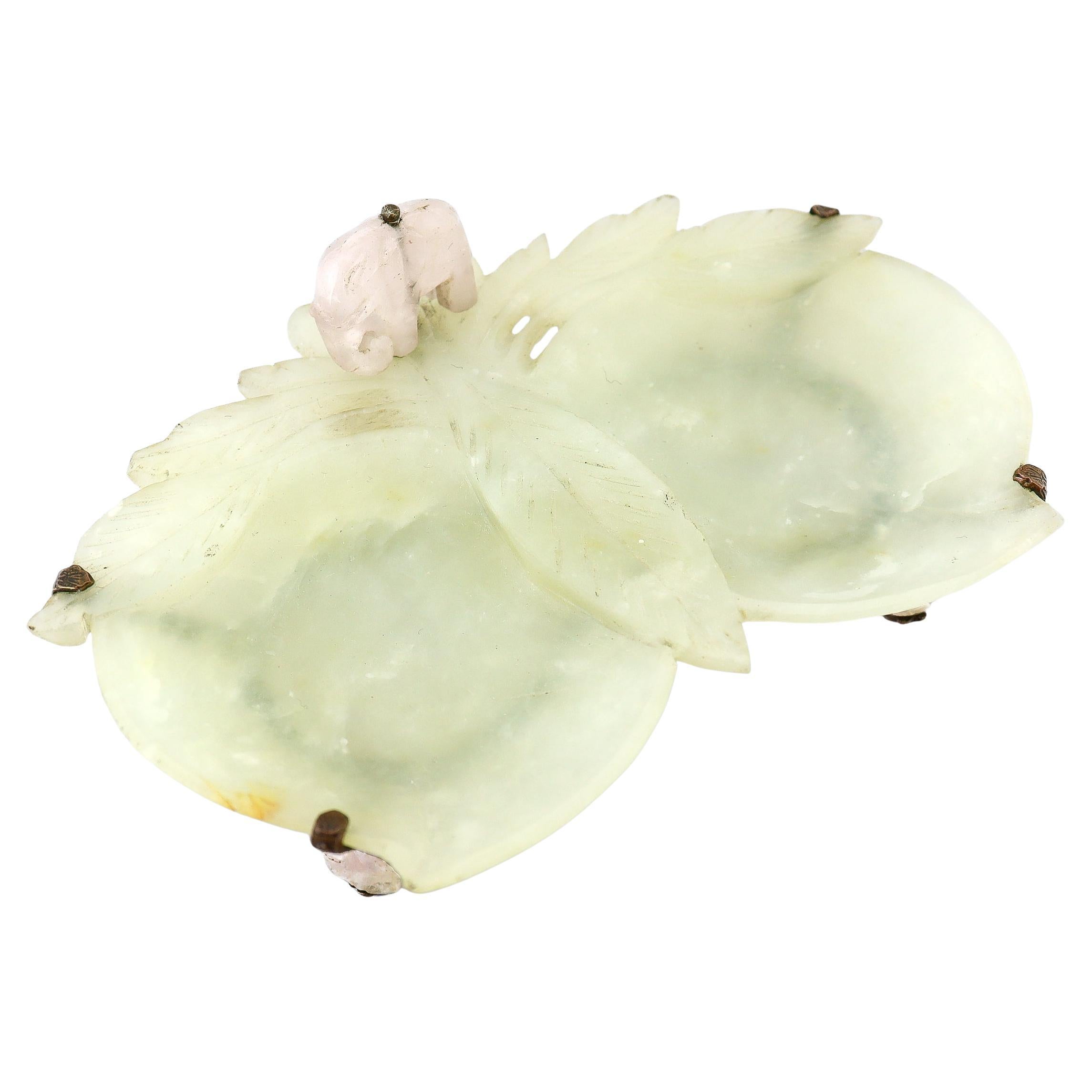 Vintage Chinese Green & Rose Quartz Carved Plum Dish or Vide Poche with Elephant For Sale