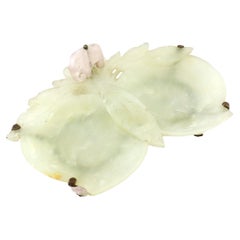 Vintage Chinese Green & Rose Quartz Carved Plum Dish or Vide Poche with Elephant