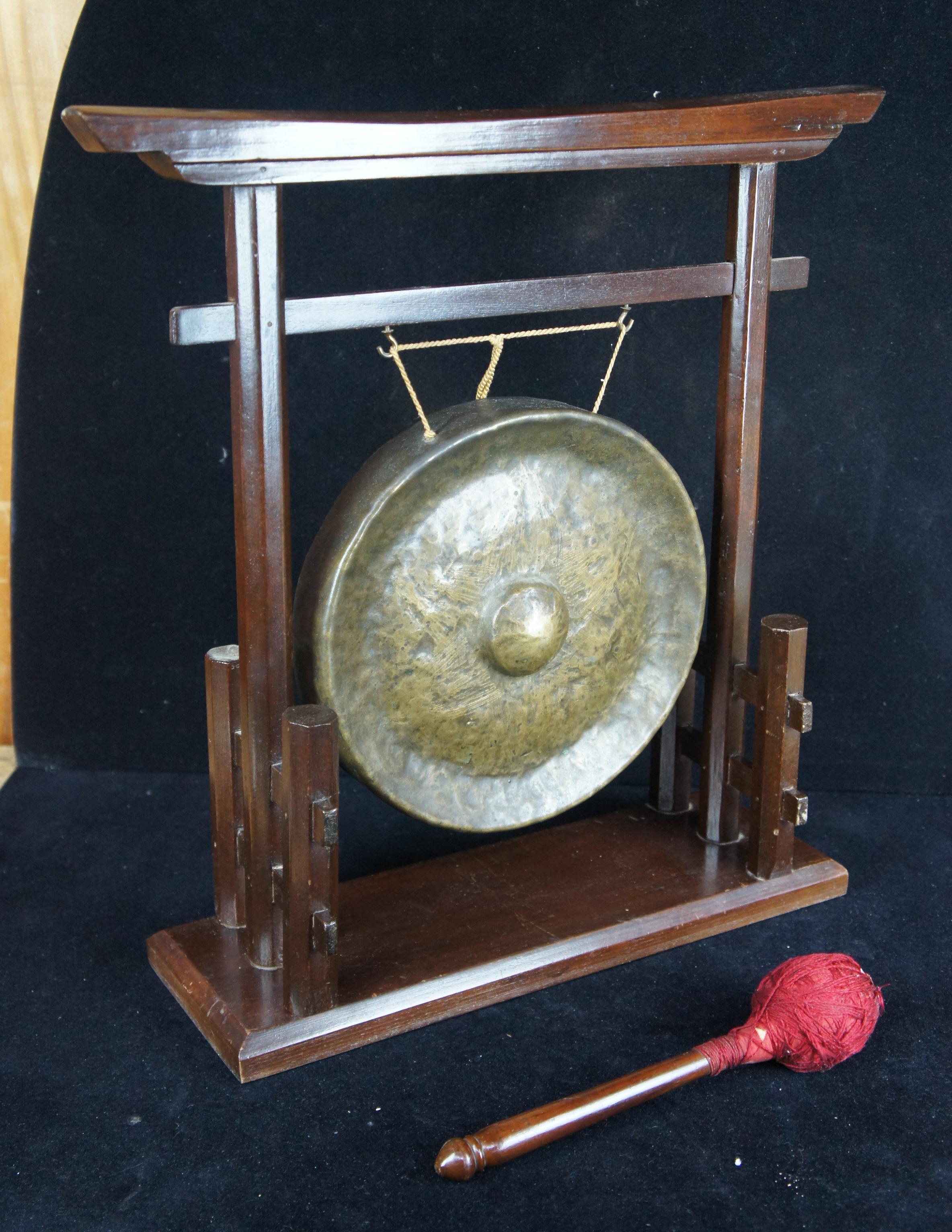 Vintage Chinese Hammered Bronze Table Mantel Gong Dinner Bell w Stand & Mallet 4