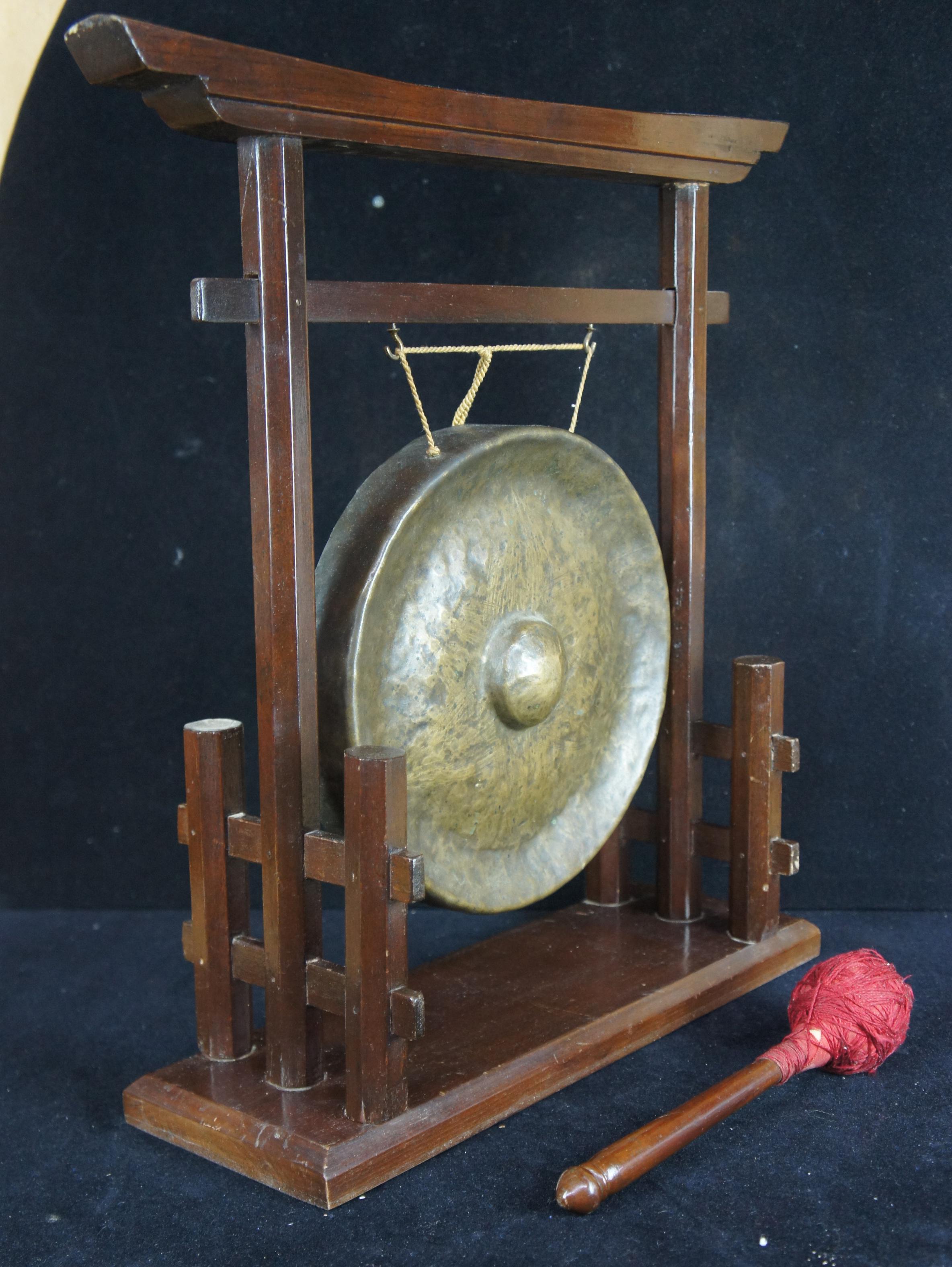 Vintage Chinese Hammered Bronze Table Mantel Gong Dinner Bell w Stand & Mallet 5