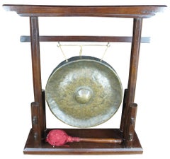 Vintage Chinese Hammered Bronze Table Mantel Gong Dinner Bell w Stand & Mallet
