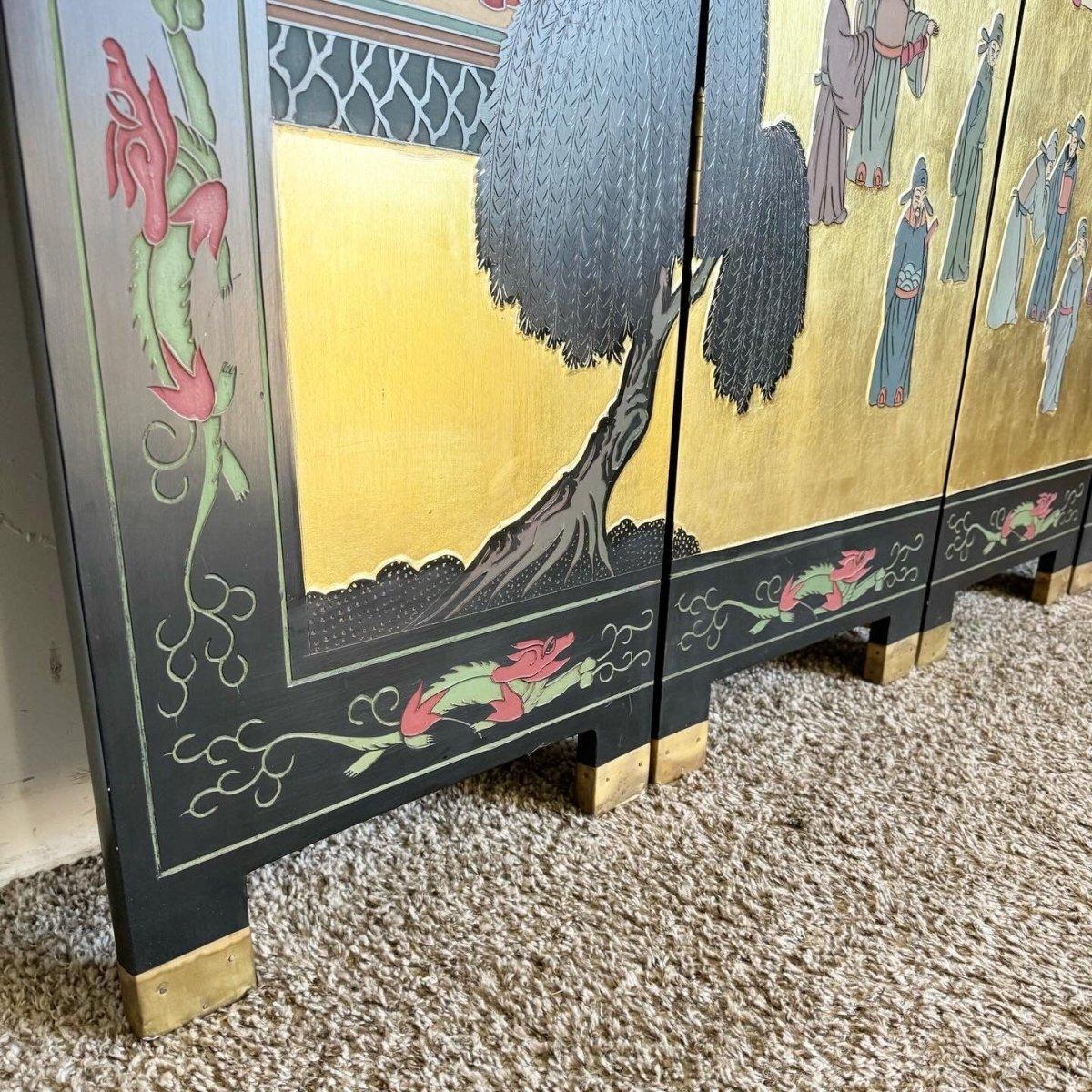 Chinesischer handgeschnitzter und bemalter Vintage-Raumteiler/Schirm aus Gold und Schwarz, handgeschnitzt im Zustand „Gut“ im Angebot in Delray Beach, FL