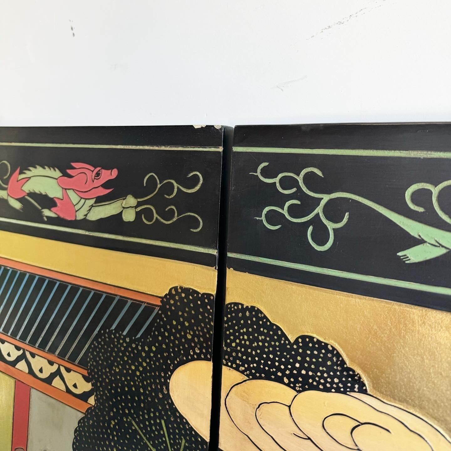 Vintage Chinese Hand Carved and Painted Gold and Black Room Divider/Screen 1