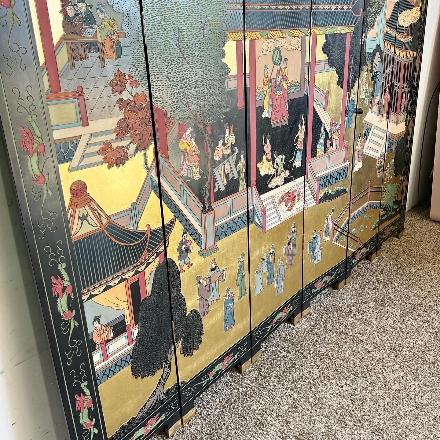 Vintage Chinese Hand Carved and Painted Gold and Black Room Divider/Screen 2