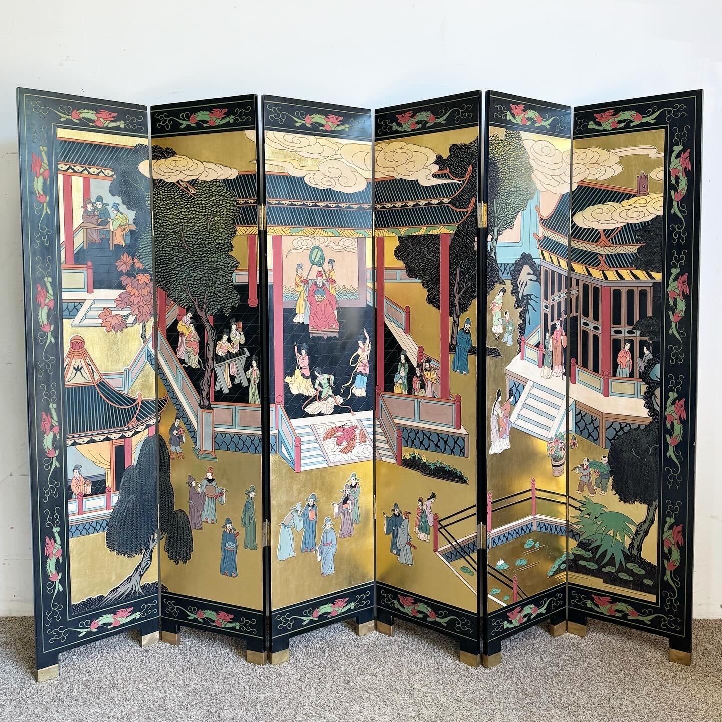 Vintage Chinese Hand Carved and Painted Gold and Black Room Divider/Screen 4