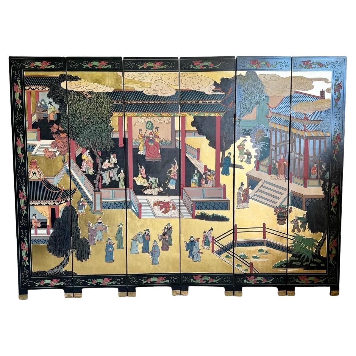 Vintage chinois, sculpté et peint à la main en or et noir, séparateur de pièce/paravent