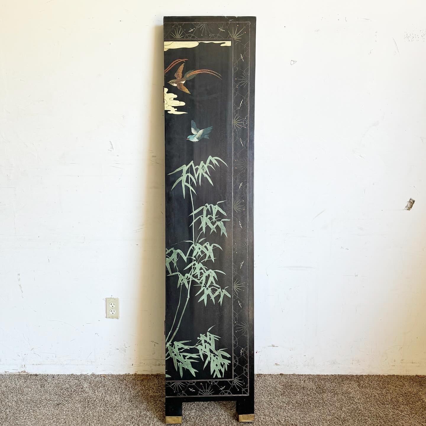 Explore the beauty of traditional Chinese craftsmanship with this Vintage Chinese Hand Carved and Painted Room Divider/Screen, featuring four exquisitely detailed panels. Each panel showcases intricate carvings depicting scenes from folklore,