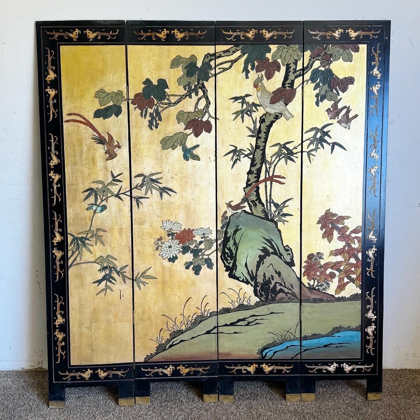 Vintage Chinese Hand Carved and Painted Room Divider/Screen - 4 Panels In Good Condition For Sale In Delray Beach, FL