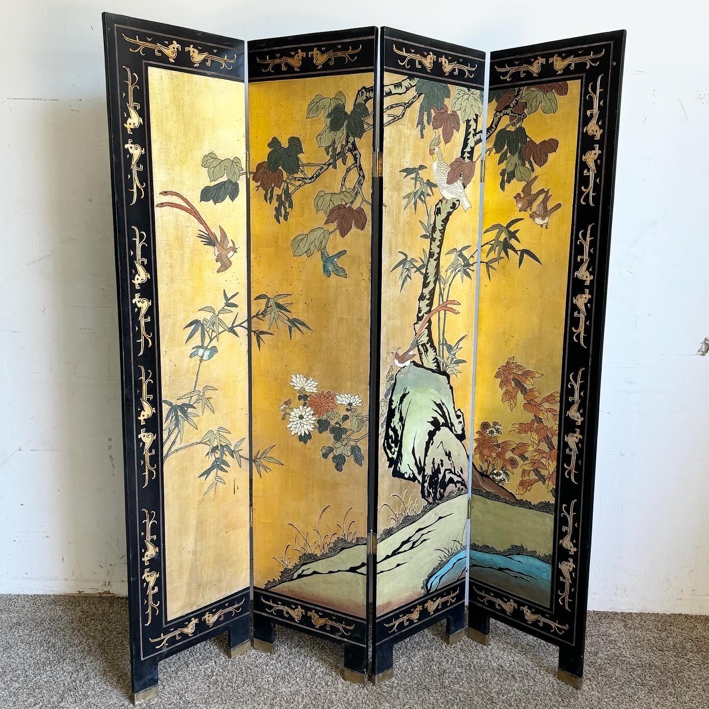 Wood Vintage Chinese Hand Carved and Painted Room Divider/Screen - 4 Panels For Sale