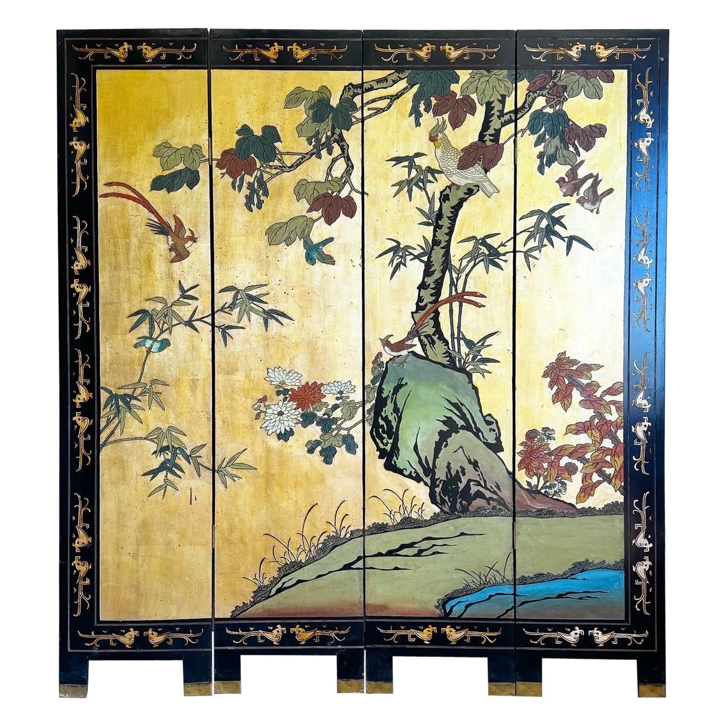 Chinesischer handgeschnitzter und bemalter Vintage-Raumteiler/Schrank - 4 Tafeln