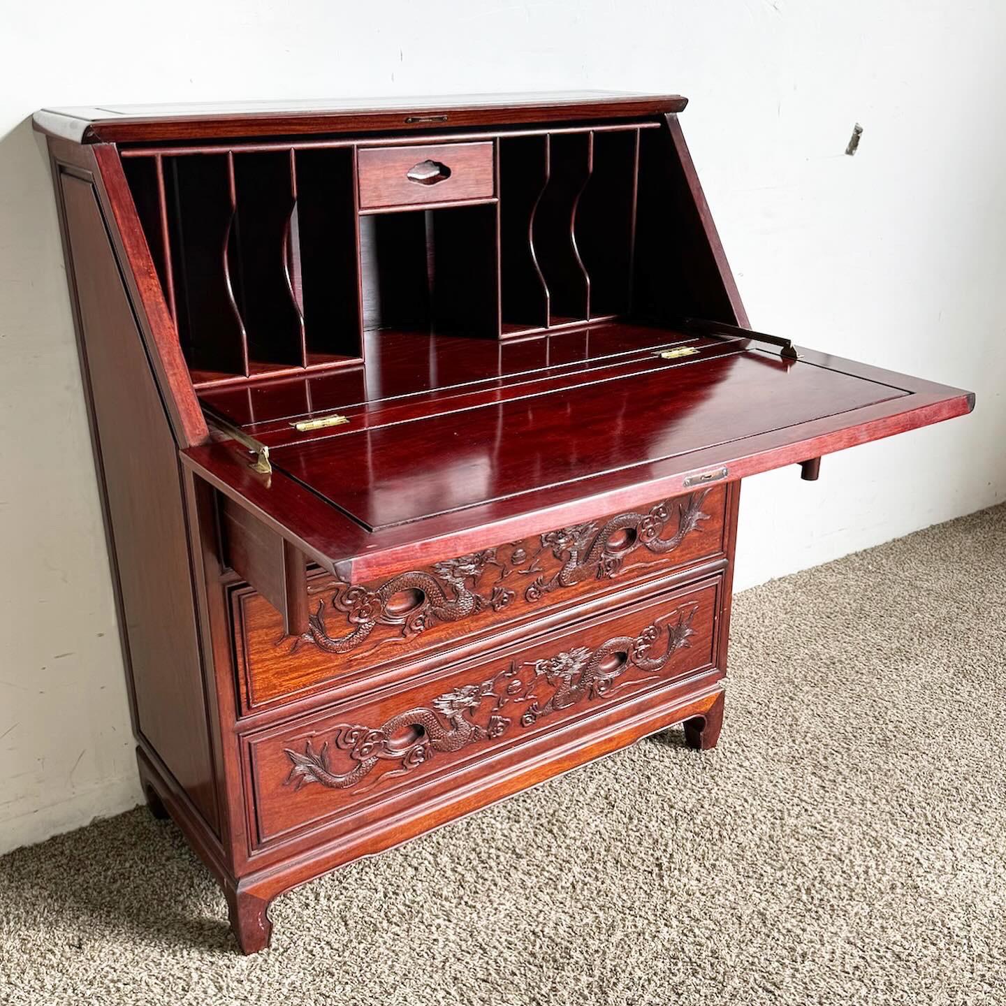 Vintage Chinese Hand Carved Cherry Finished Secretary Desk In Good Condition In Delray Beach, FL