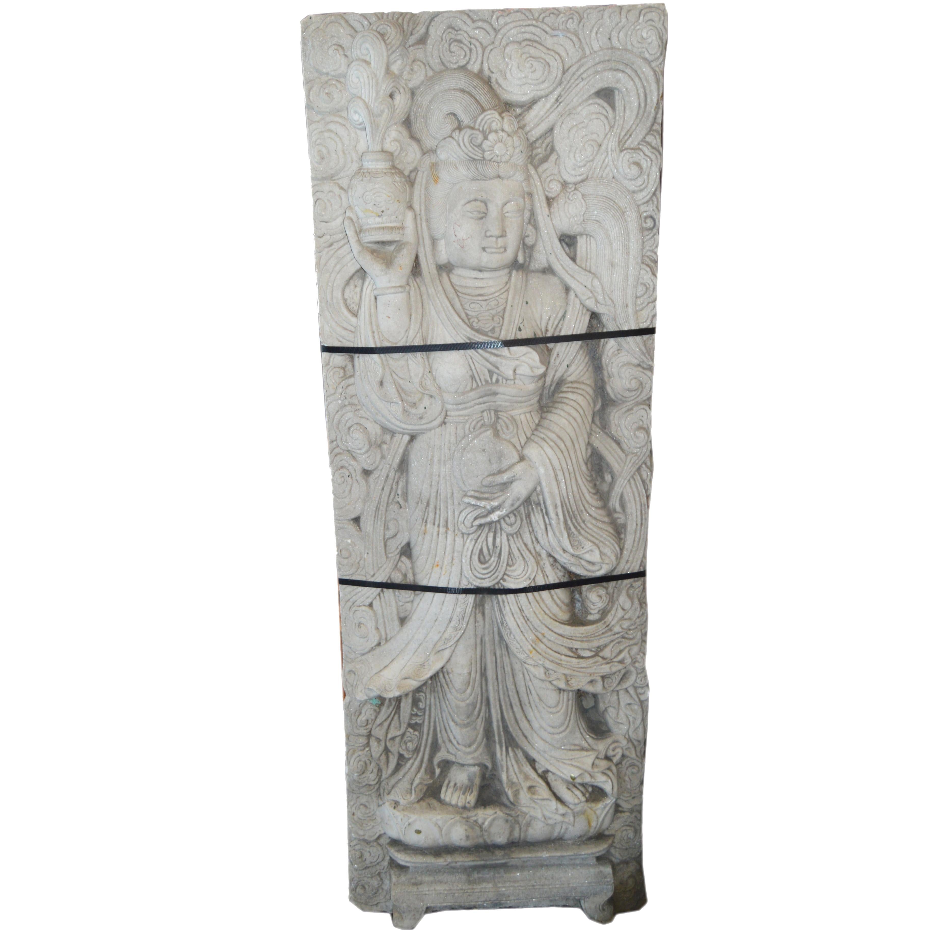Vintage Chinese Hand-Carved White Stone Temple Sculpture of a Bodhisattva