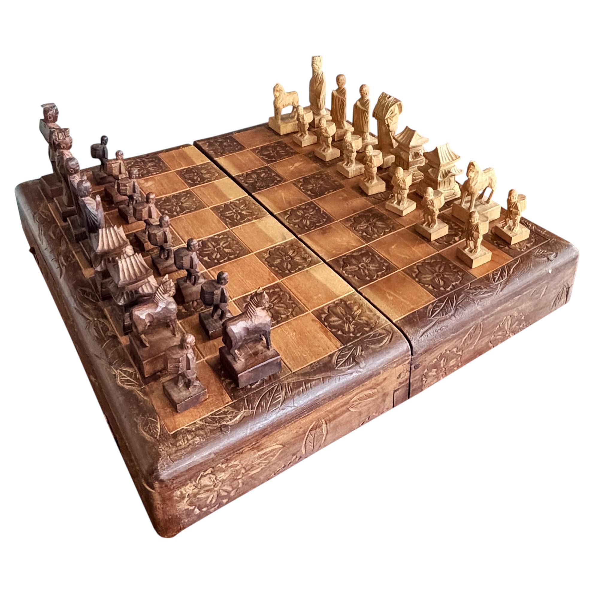 Vintage Chinese Hand-Carved Wood Figural Chess Set with Folding Game Board