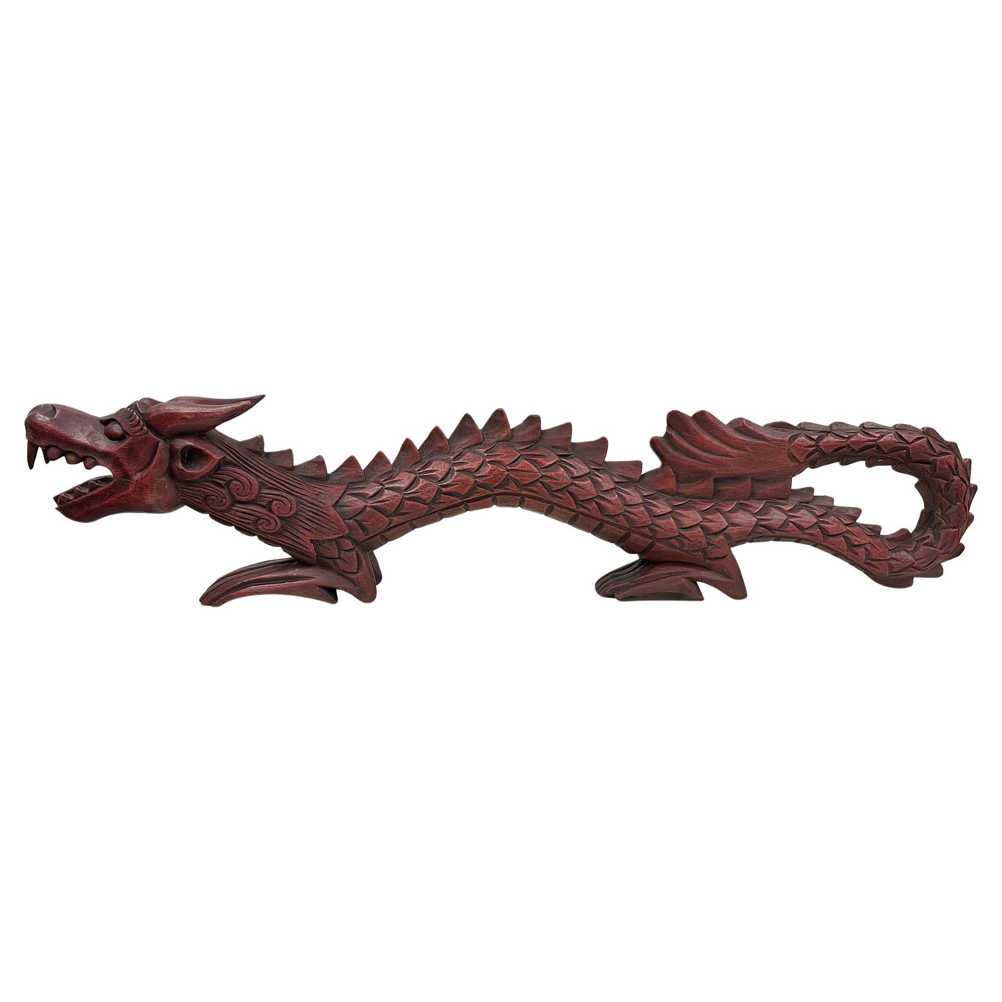 Vintage Chinese Hand Carved Wooden Dragon Sculpture