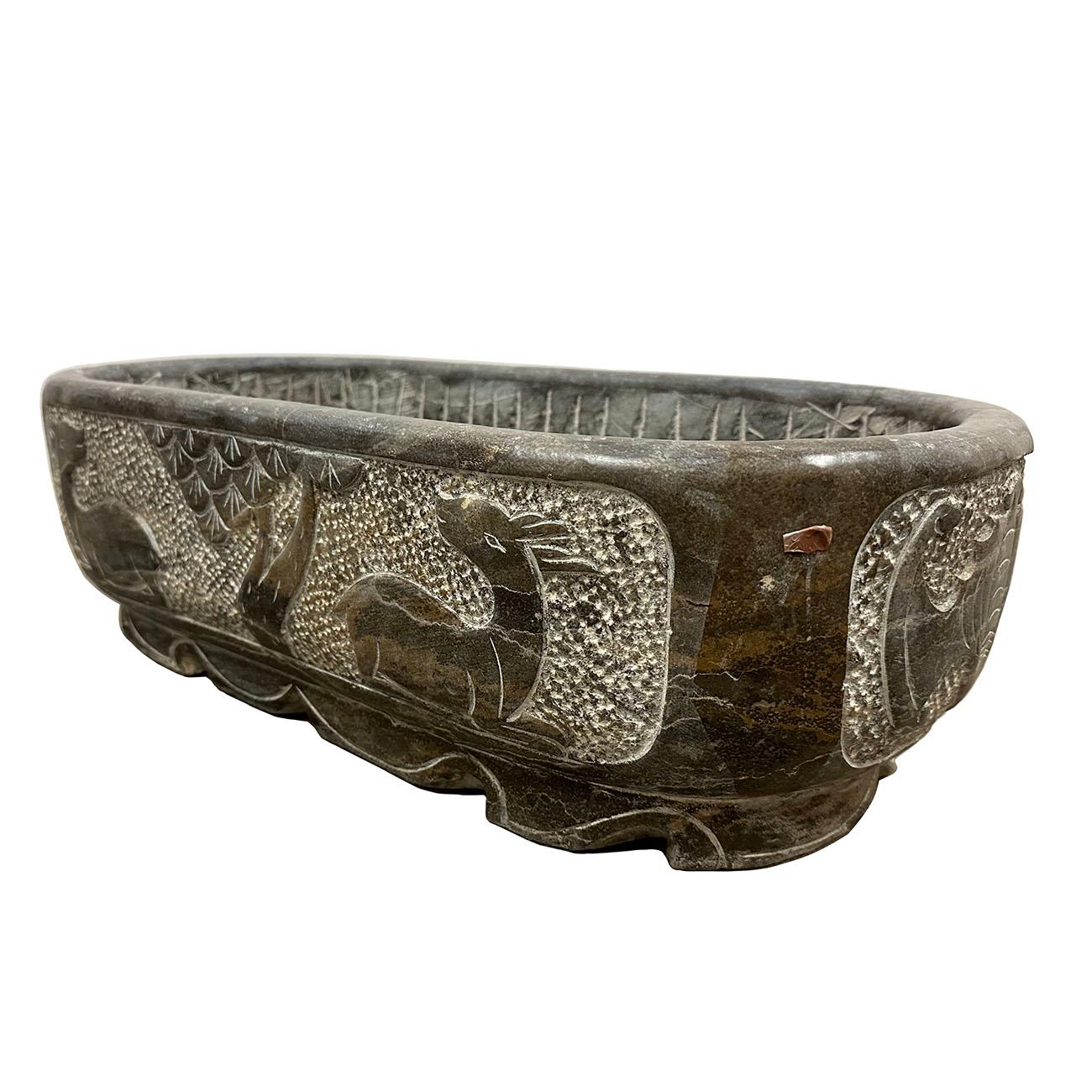 Chinese Export Vintage Chinese Hand Chiseled Stone Trough, Planter For Sale