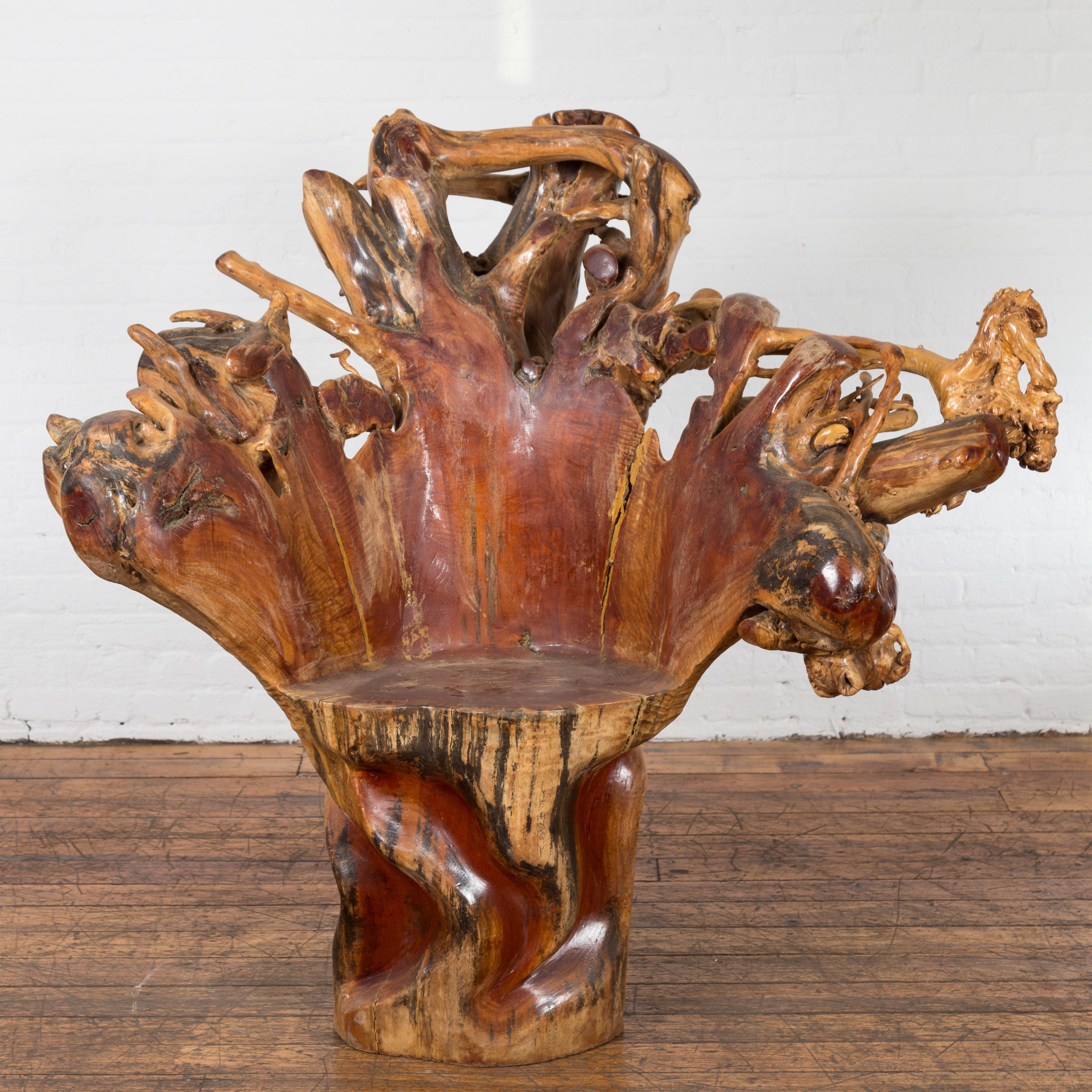A vintage Chinese hand-crafted camphor wood root chair from the 20th century, with light varnished patina and unusual shape. This vintage Chinese hand-crafted camphor wood root chair from the 20th century is a captivating piece of functional art