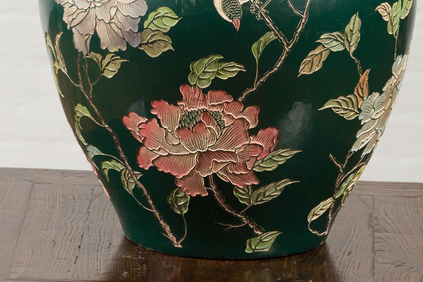 Ceramic Vintage Chinese Handcrafted Green Vase with Incised Floral and Butterfly Decor For Sale