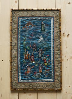 VINTAGE PANEL DE SEDA CHINO BORDADO A MANO EN FAUX GiLT MARCO DE BAMBÚ