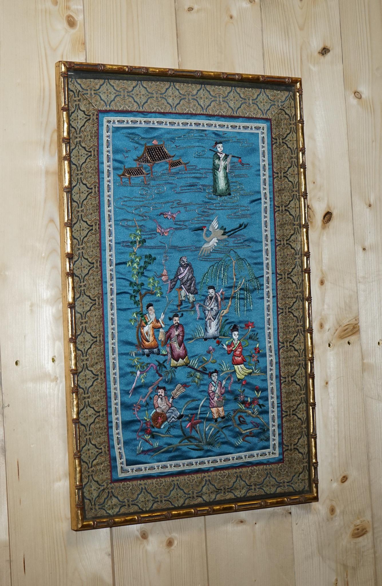 Chinois Pantalon TAPEStry ancien en soie marbrée à la main en FRAME FAUX GiLT BAMBOO en vente