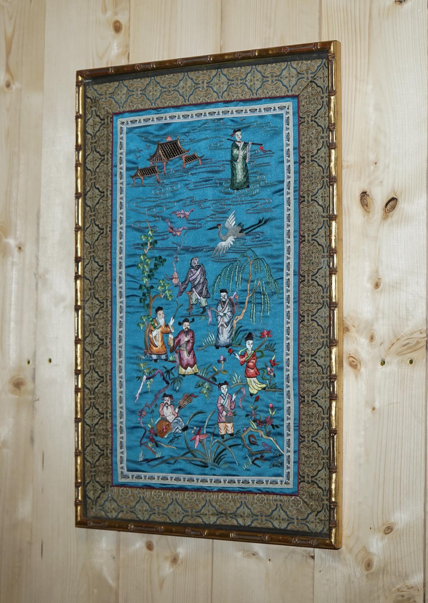 Fait main Pantalon TAPEStry ancien en soie marbrée à la main en FRAME FAUX GiLT BAMBOO en vente
