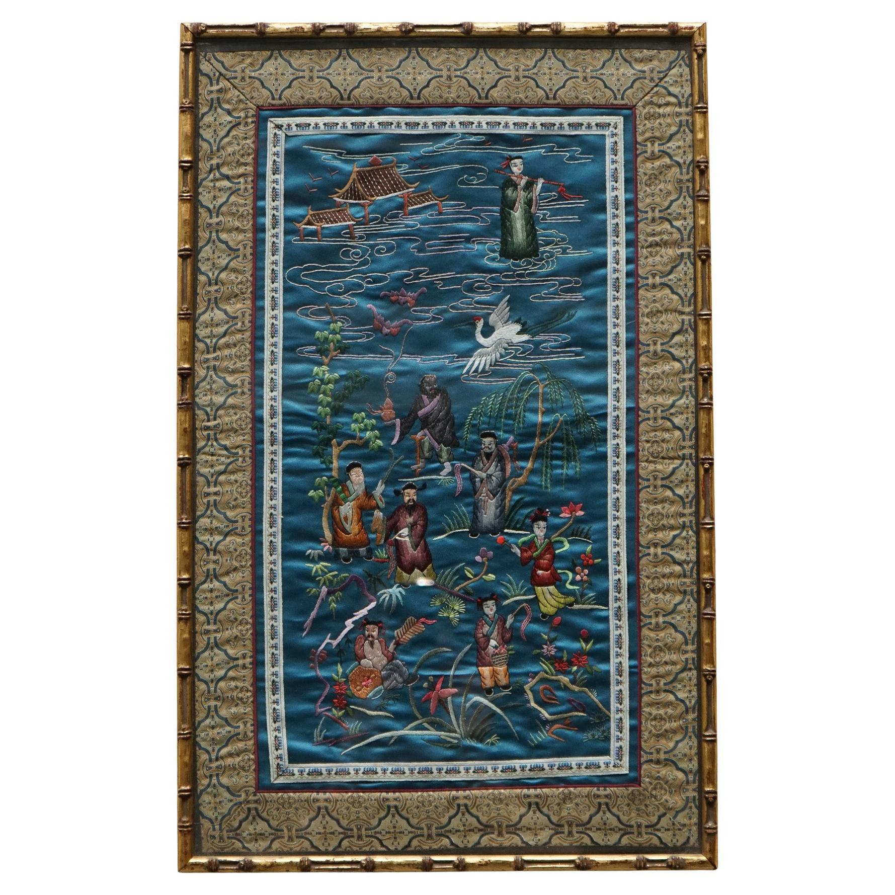 VINTAGE CHINESE HAND EMBROIDERED SILK TAPESTRY PANEL IN FAUX GiLT BAMBOO FRAME