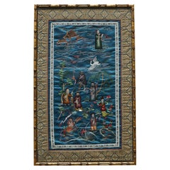 VINTAGE CHINESE HAND EMBROIDERED SILK TAPESTRY PANEL IN FAUX GiLT BAMBOO FRAME