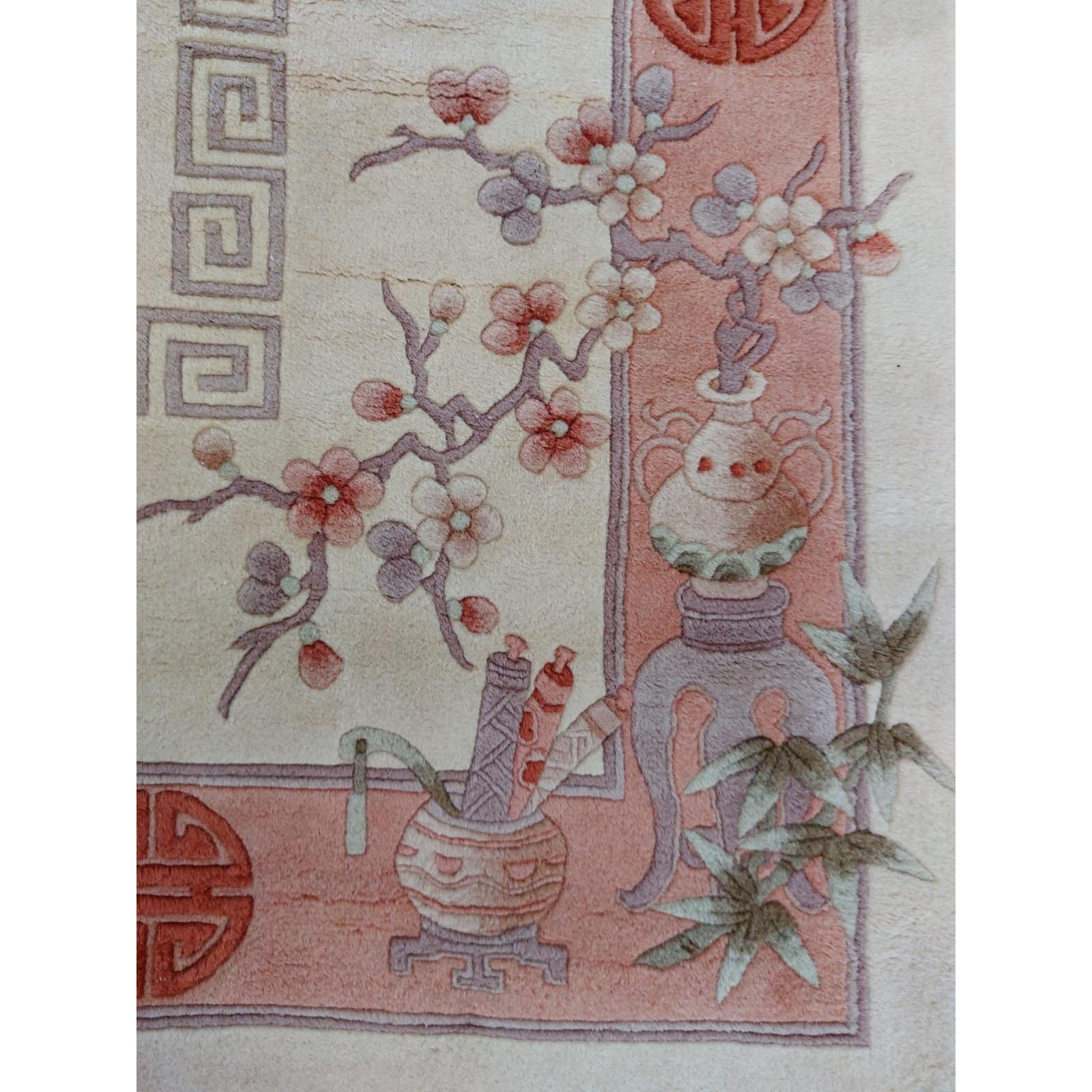 Alfombra china vintage de lana anudada a mano con flores de cerezo y decoración de bambú en Bueno estado para la venta en Bochum, NRW