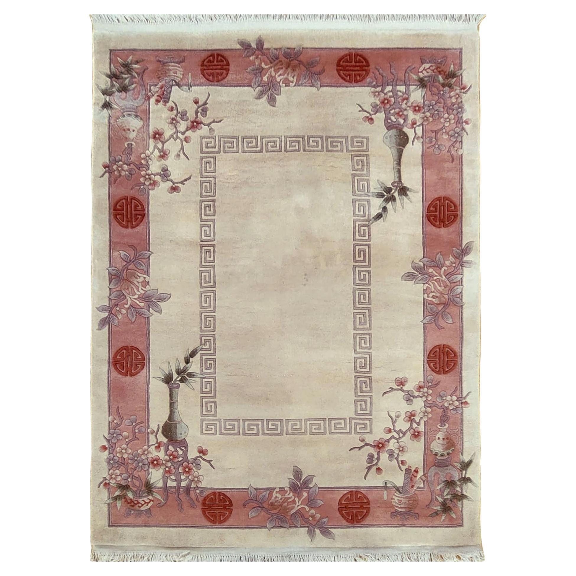 Tappeto cinese vintage in lana annodato a mano con fiori di ciliegio e decorazioni in bambù