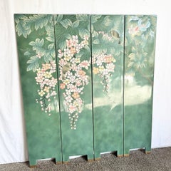 Vintage Chinese Hand Painted and Carved Green Room Divider/Screen