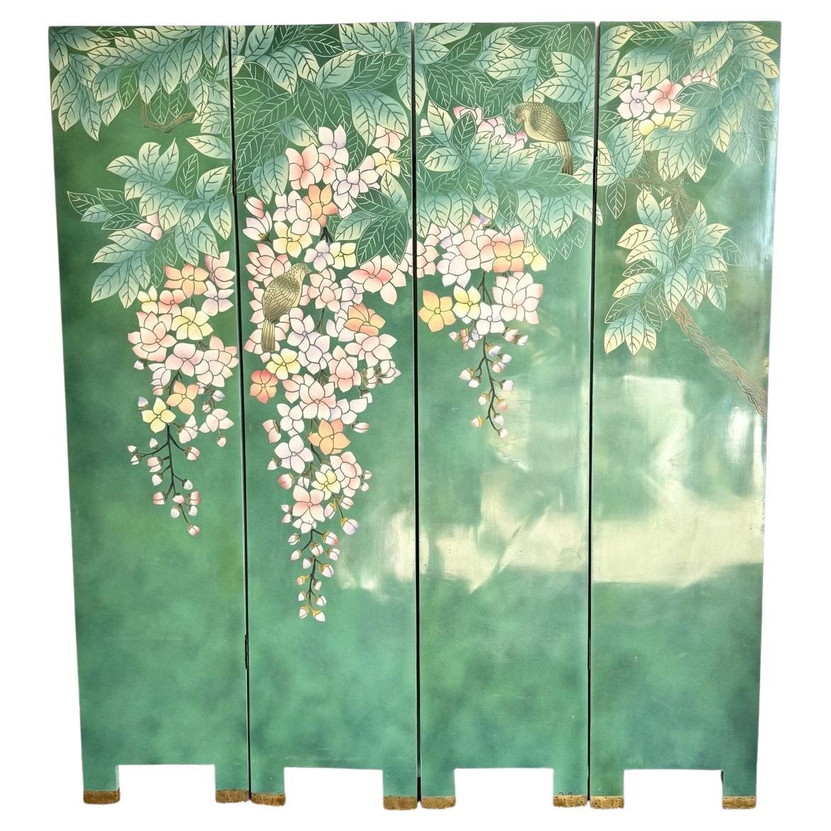 Separador de ambientes/ biombo vintage chino pintado a mano y tallado en verde