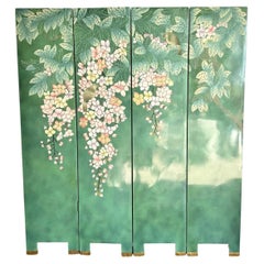 Separador de ambientes/ biombo vintage chino pintado a mano y tallado en verde