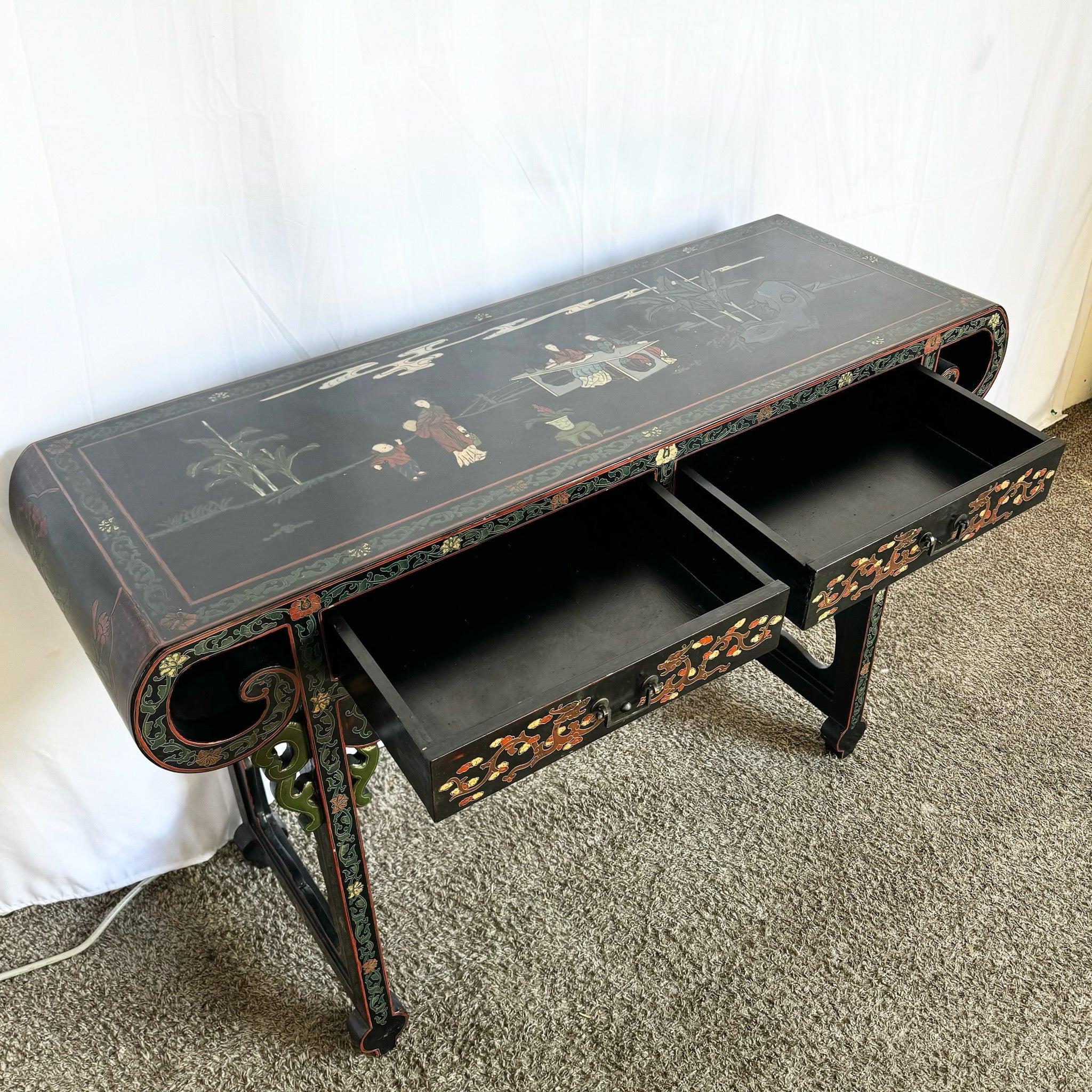 Vintage Chinese Hand Painted and Carved Scroll Top Console Table 5