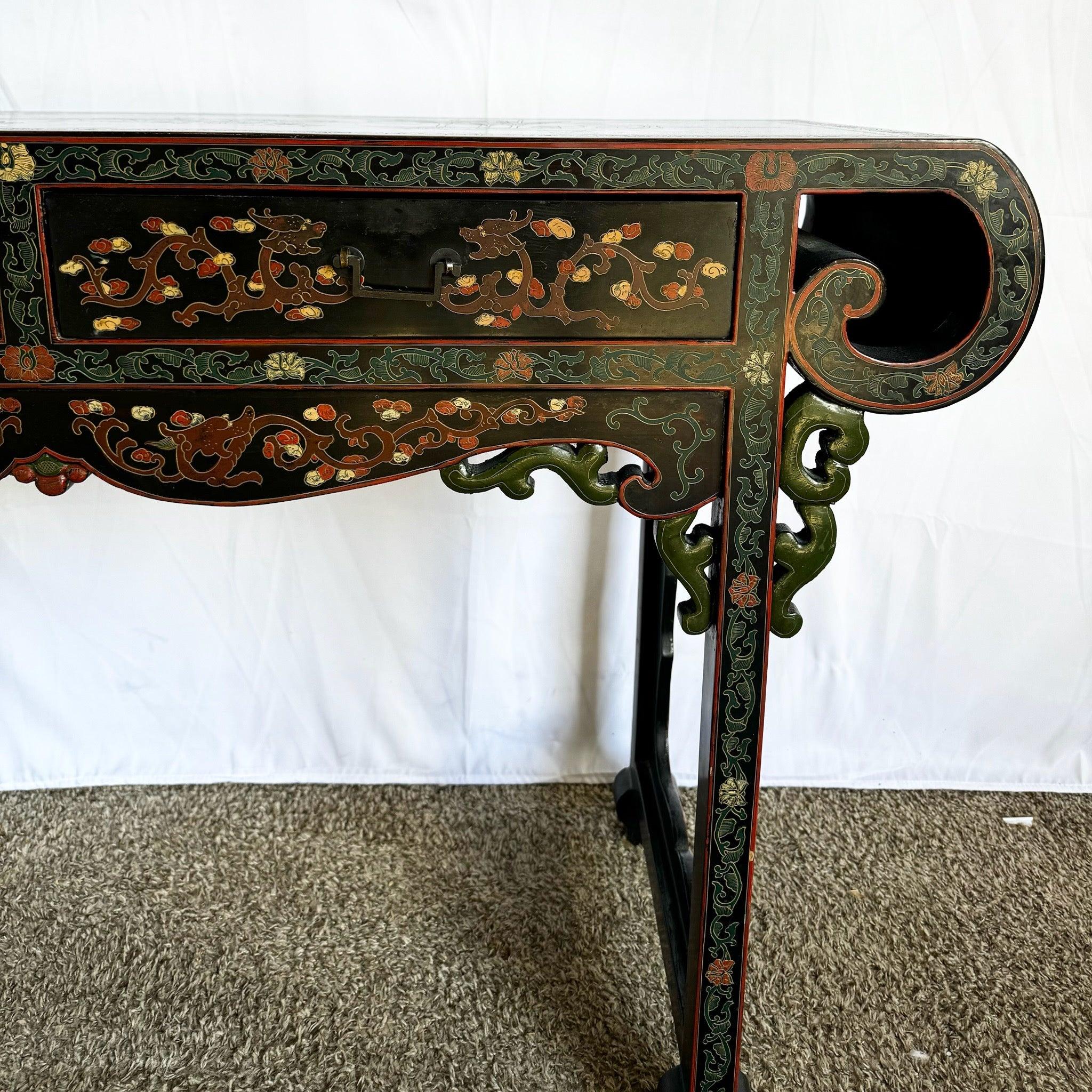 Vintage Chinese Hand Painted and Carved Scroll Top Console Table 6
