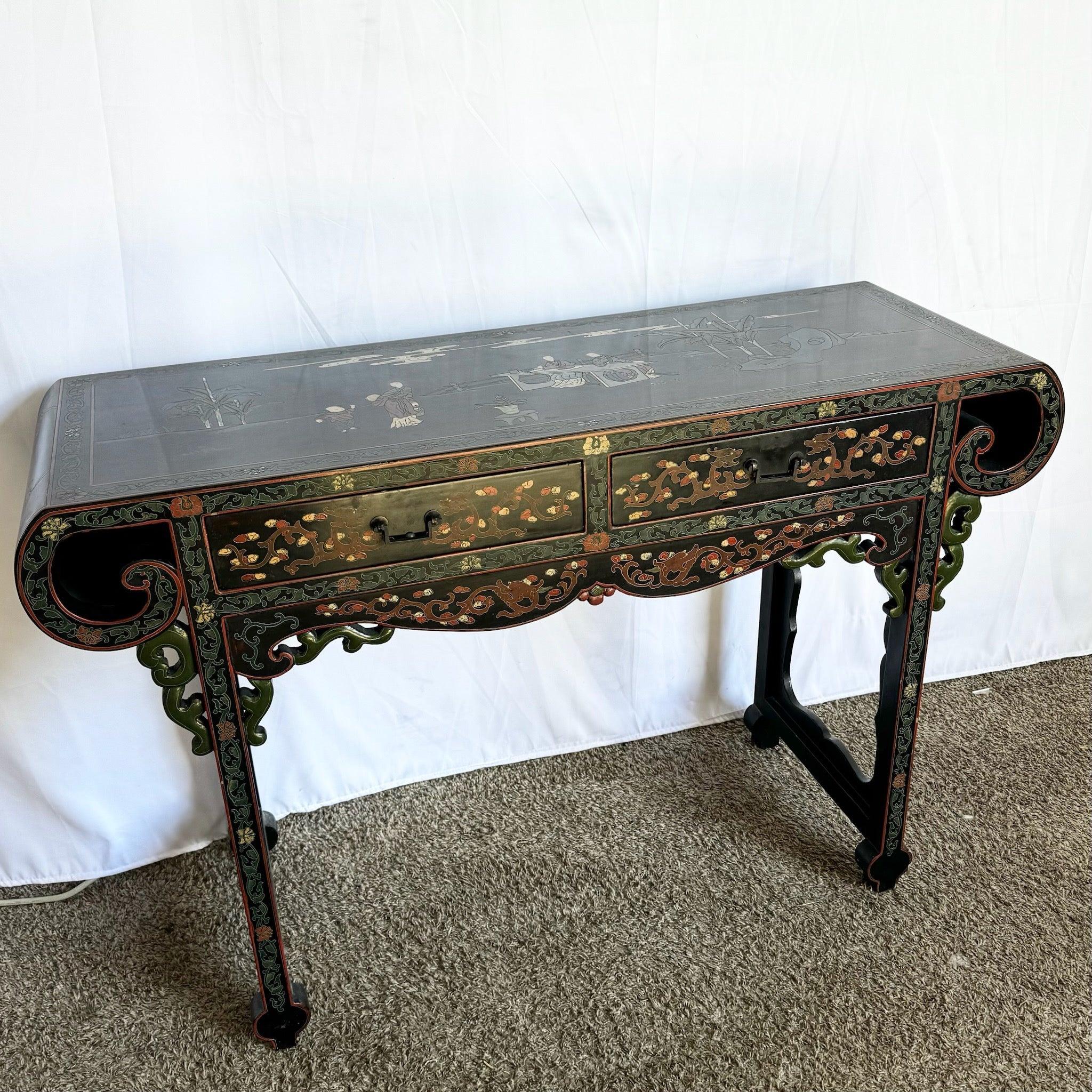 Vintage Chinese Hand-Painted and Carved Scroll Top Console Table featuring intricate floral and geometric patterns on black lacquer, with two drawers for storage.
 
 Minor wear on the surfaces and edges as shown in the photos.
 
 We sell items as