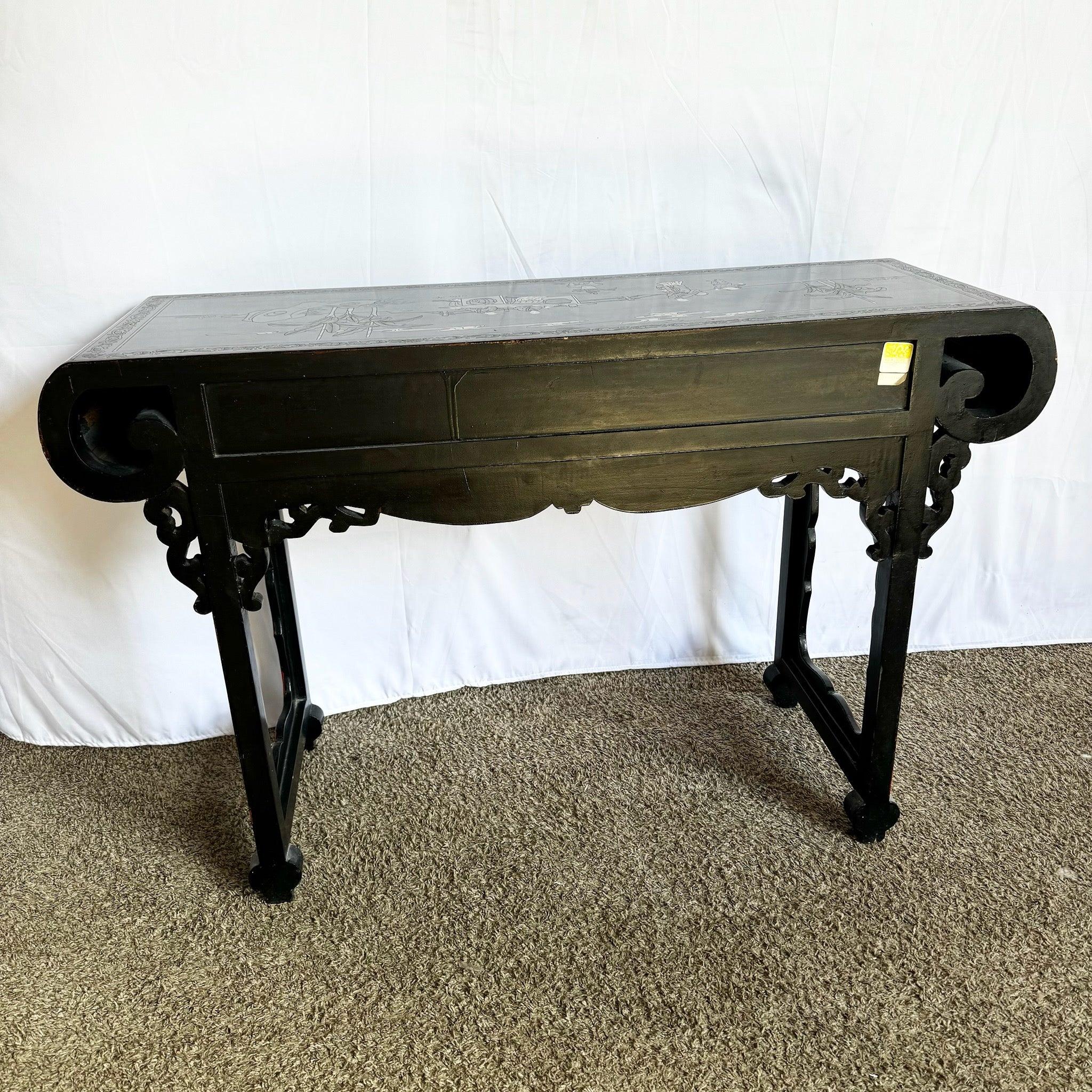 20th Century Vintage Chinese Hand Painted and Carved Scroll Top Console Table