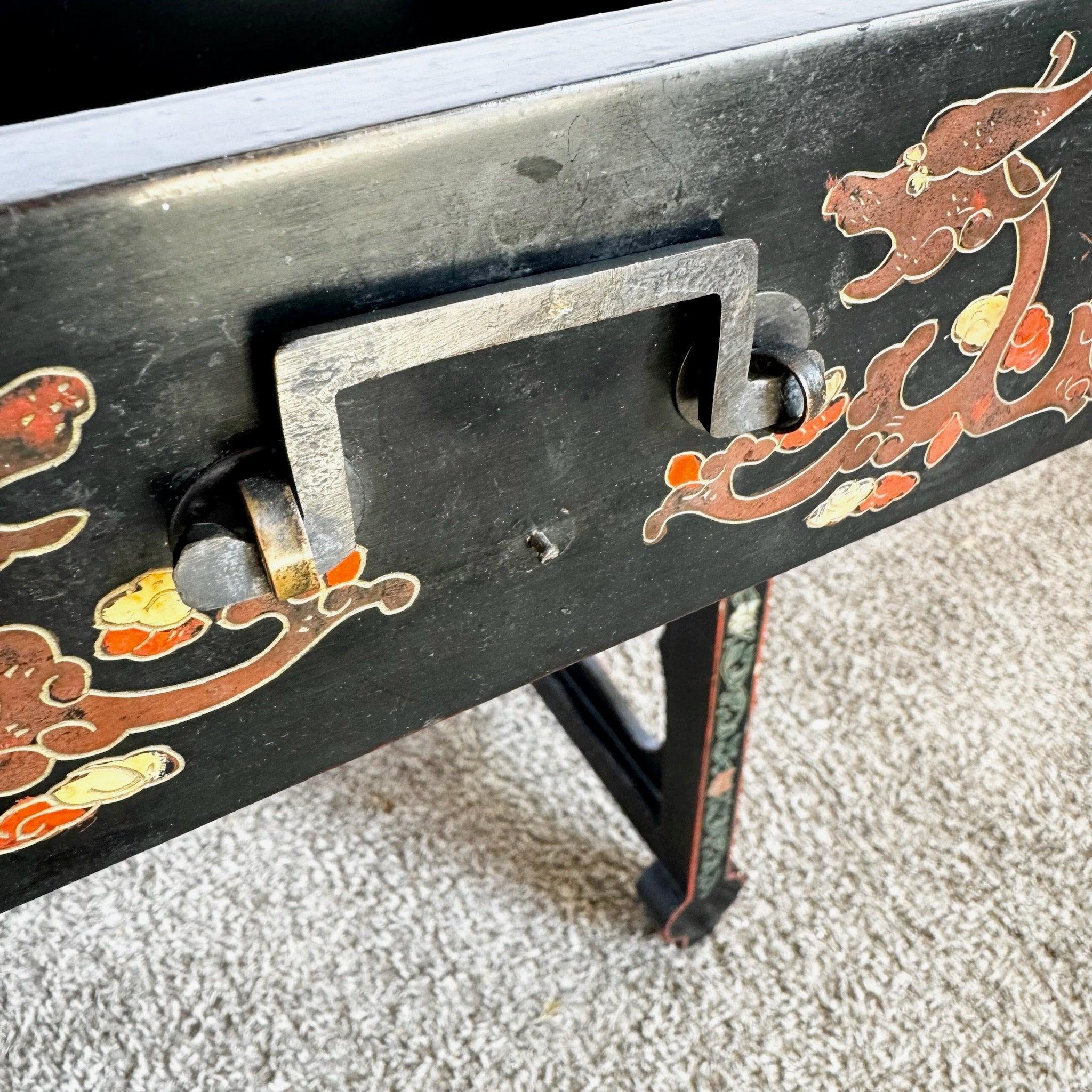 Wood Vintage Chinese Hand Painted and Carved Scroll Top Console Table