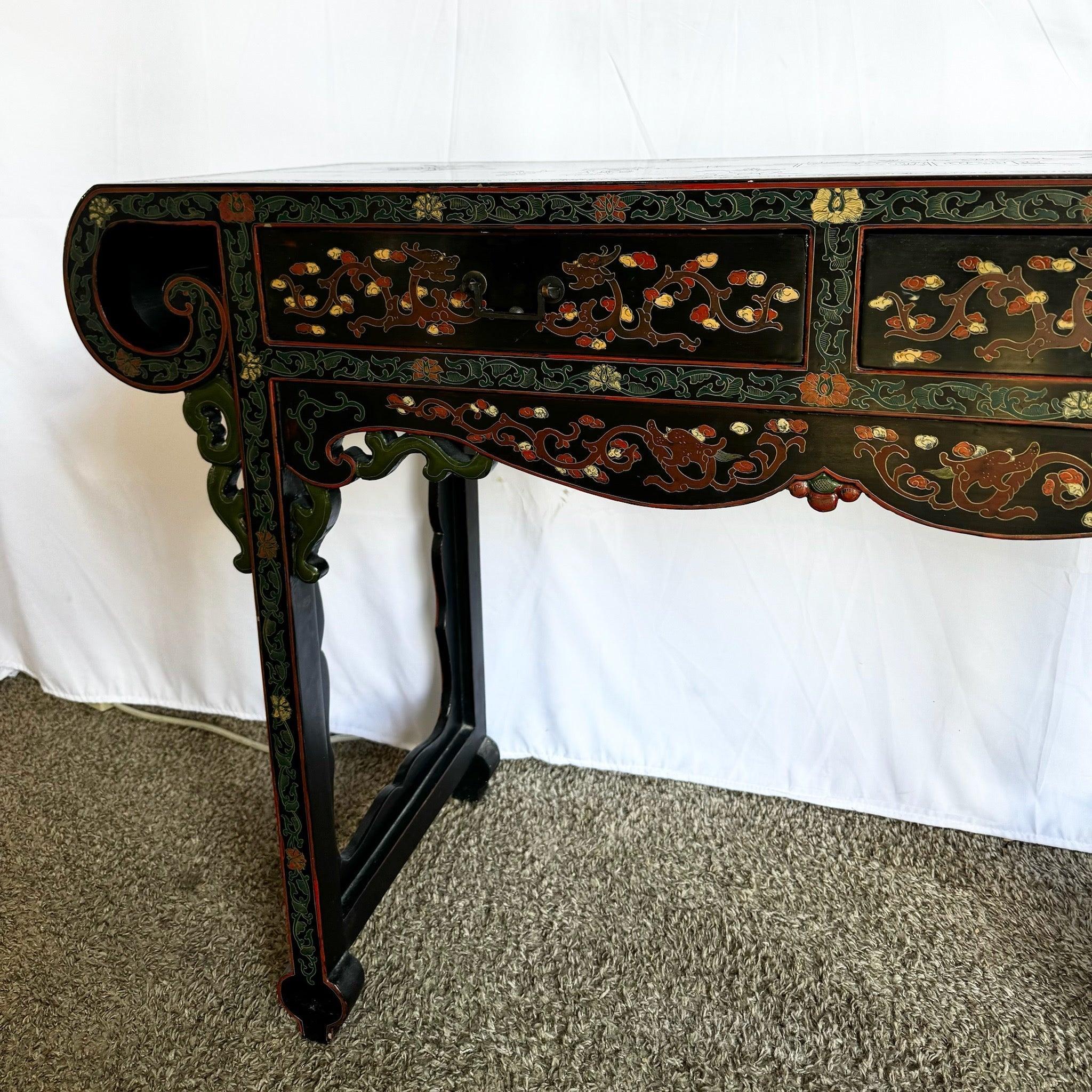 Vintage Chinese Hand Painted and Carved Scroll Top Console Table 1