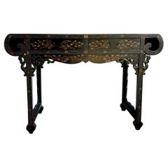 Vintage Chinese Hand Painted and Carved Scroll Top Console Table