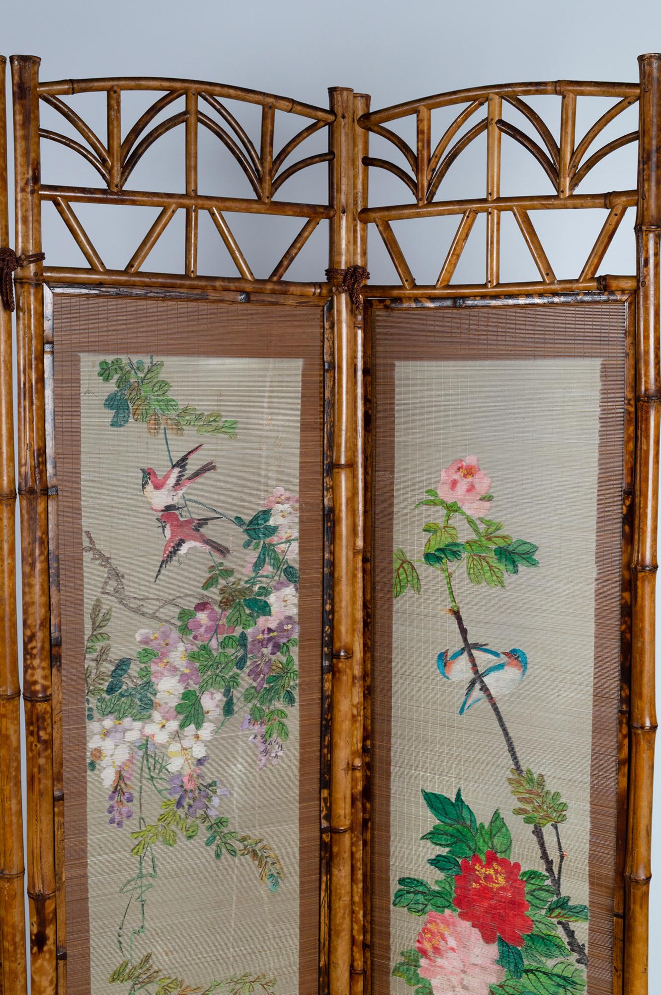 Art Deco Vintage Chinese Hand Painted Bamboo Screen, China, circa 1950