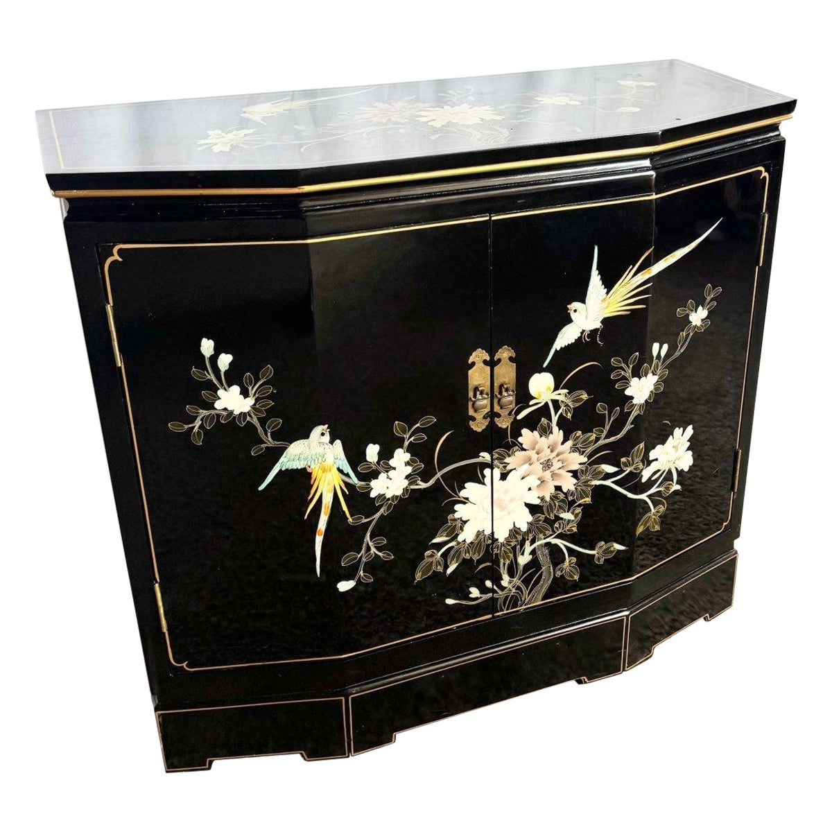 Vintage Chinese Hand Painted Black Lacquered Credenza Cabinet For Sale