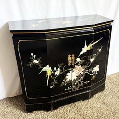 Vintage Chinese Hand Painted Black Lacquered Credenza Cabinet