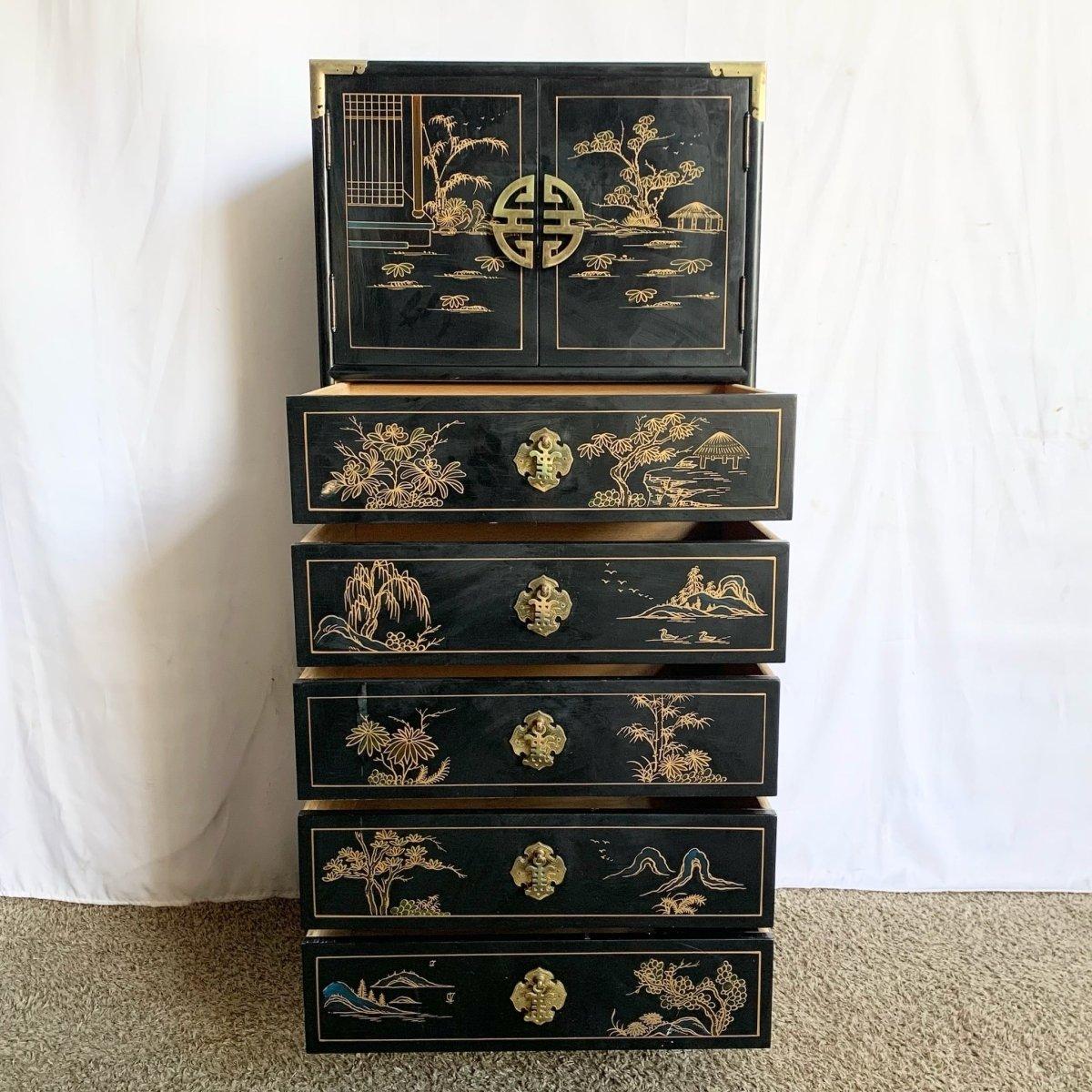 Vintage Chinese Hand Painted Black Lingerie Chest/Highboy With Gold Accents im Angebot 4