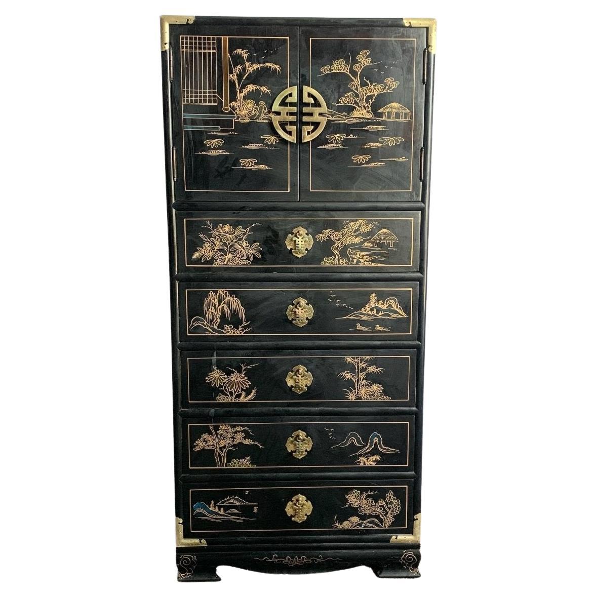 Vintage Chinese Hand Painted Black Lingerie Chest/Highboy With Gold Accents