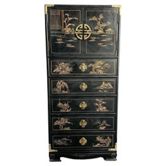 Vintage Chinese Hand Painted Black Lingerie Chest/Highboy With Gold Accents
