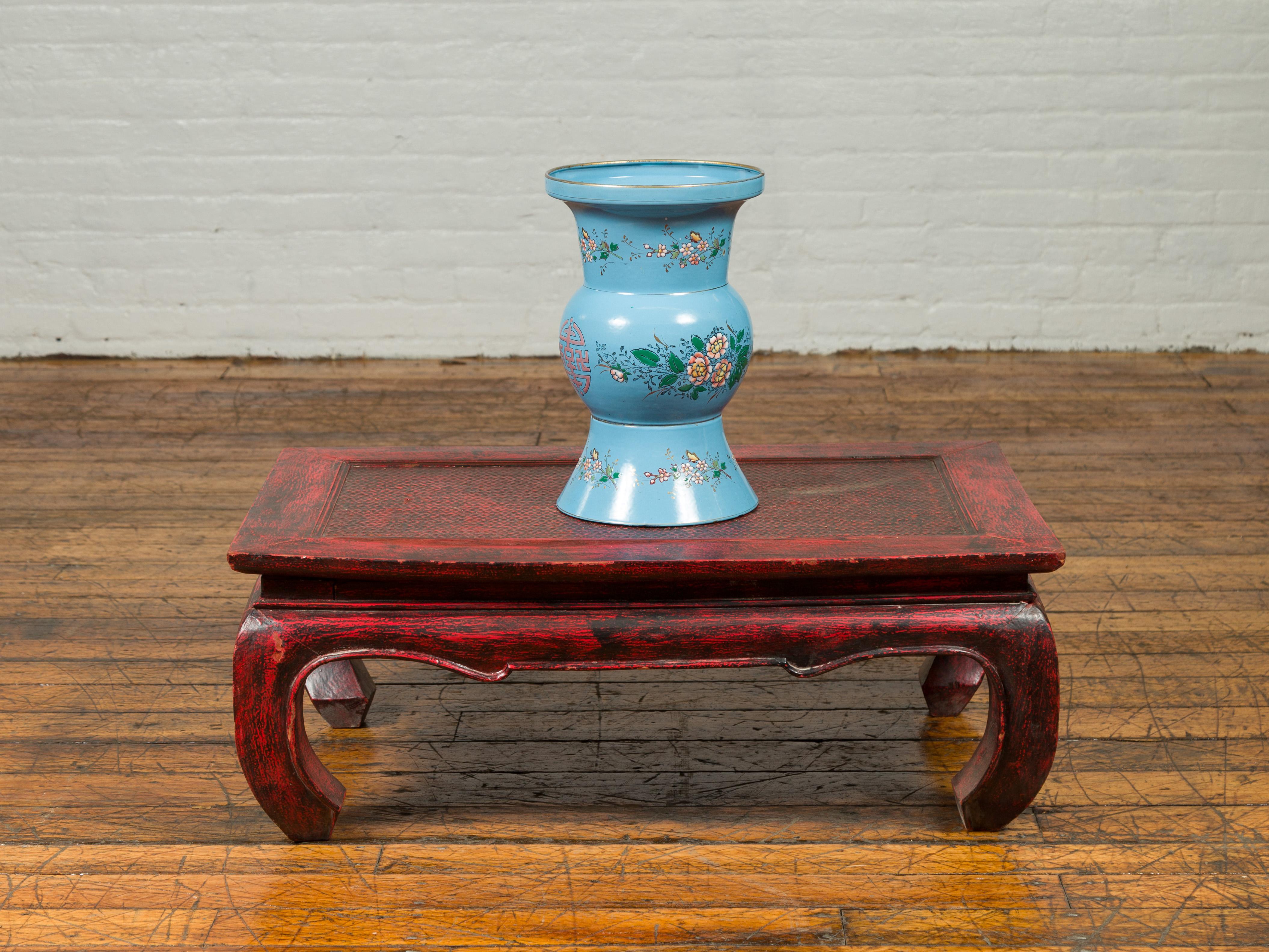 Vintage Chinese Hand Painted Blue Metal Vase with Calligraphy and Floral Décor For Sale 2