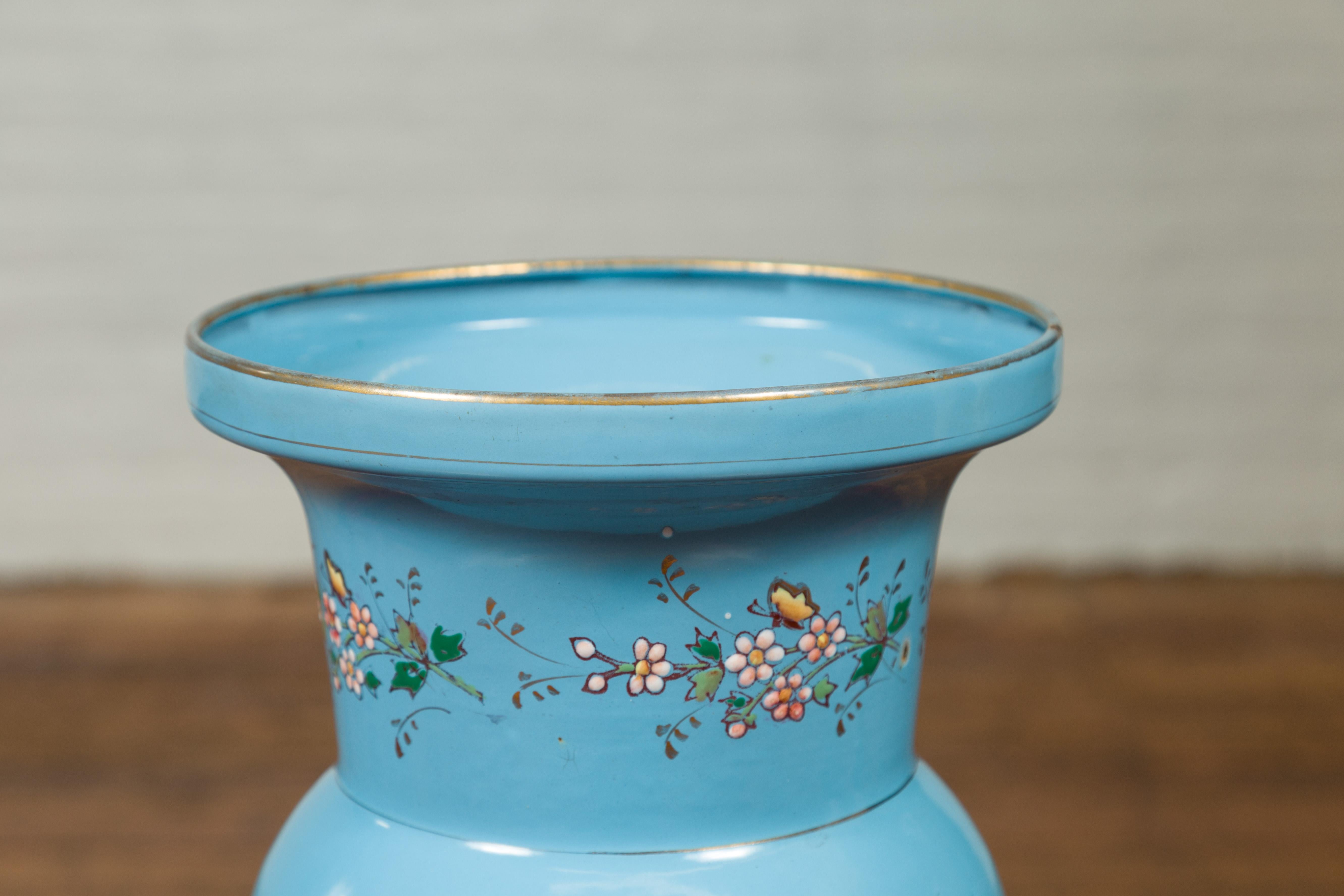 Vintage Chinese Hand Painted Blue Metal Vase with Calligraphy and Floral Décor For Sale 3