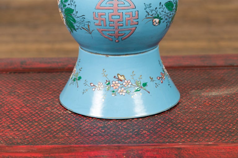 Vintage Chinese Hand Painted Blue Metal Vase with Calligraphy and