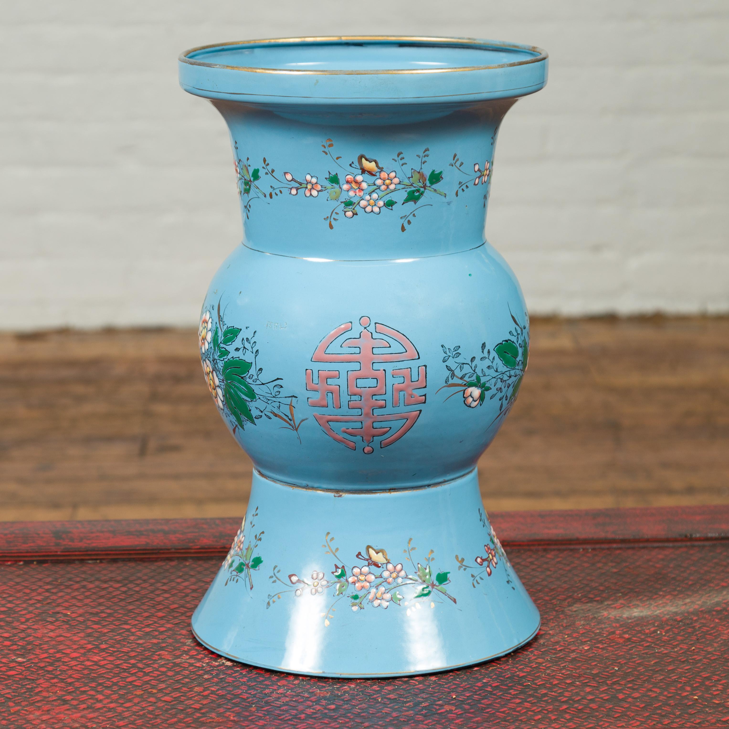 Hand-Painted Vintage Chinese Hand Painted Blue Metal Vase with Calligraphy and Floral Décor For Sale